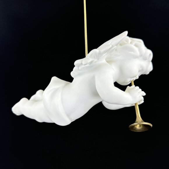 Vintage Porcelain Cherub Angel Hanging Figurine Gold Cord Brass Trumpet Ornament - Picture 15 of 16